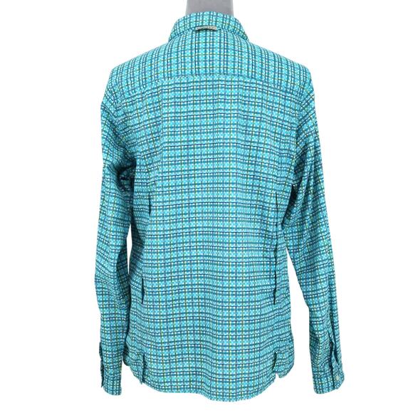 Exofficio Top Womens Large Blue White Plaid Blouse Long Sleeve Vents Pockets - Picture 2 of 16